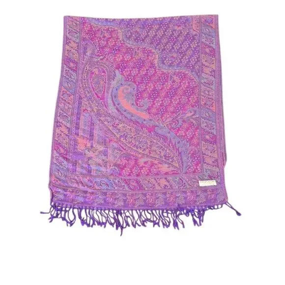 Pashmina Magenta 100% Cashmere Scarf w Fringe - Picture 4 of 7